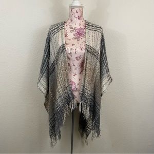 SAKS Fifth Ave OS Plaid Neutral Fringe Poncho